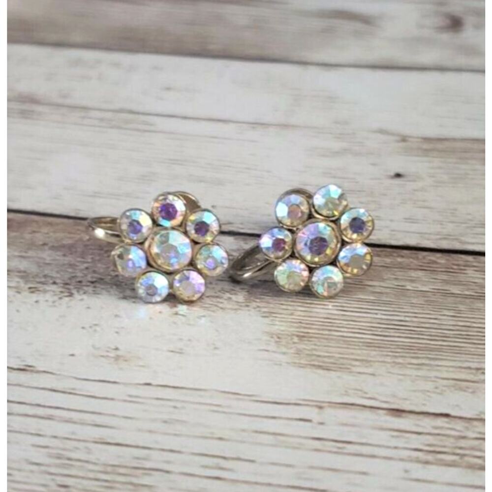 Vintage Screw On Earrings - Iridescent Flower